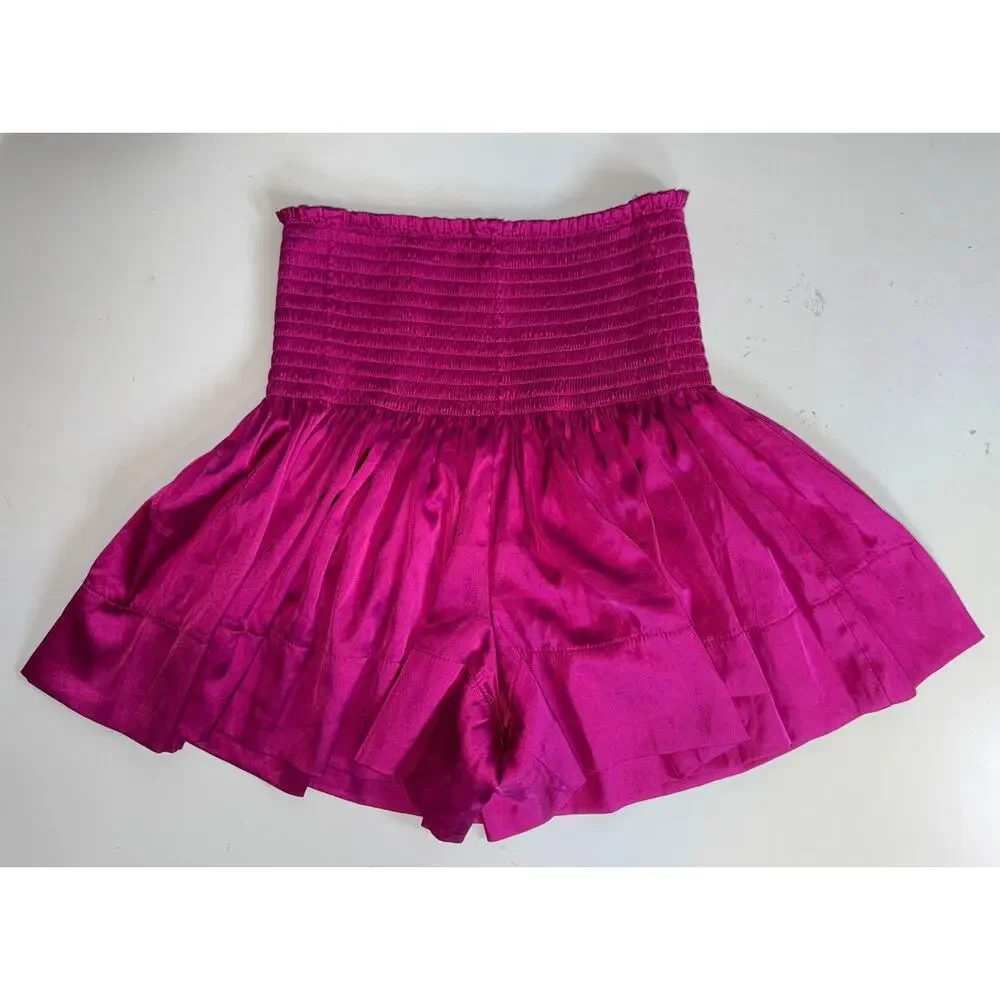 Natural Life Pink Satin Shorts Smocked Elastic Waist Flowy Boho Magenta Skort